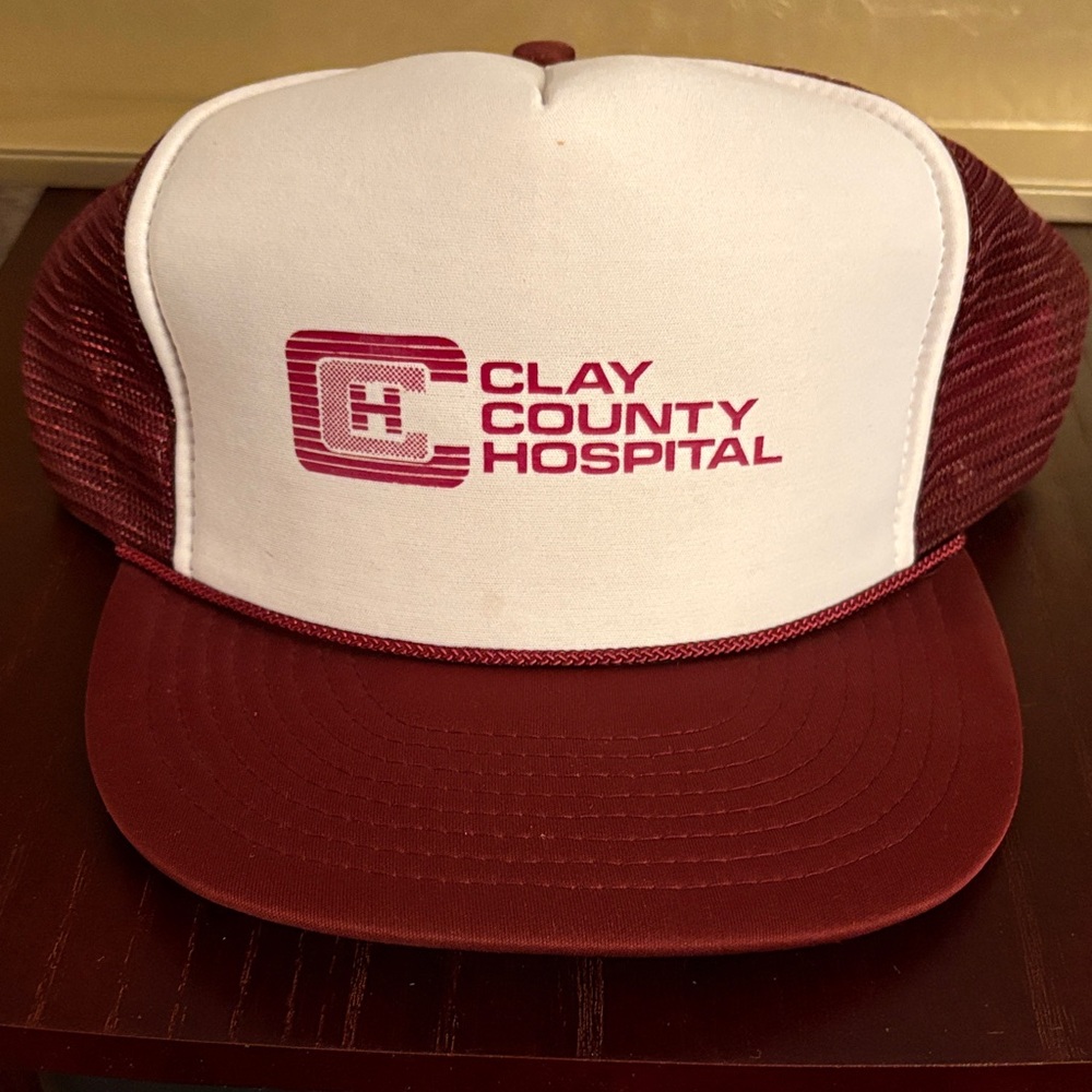 Vintage Nissin Clay County Hospital Red and White Trucker Hat